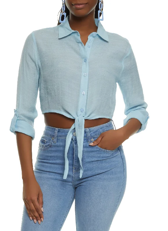 Long Sleeve Tie Front Cropped Shirt