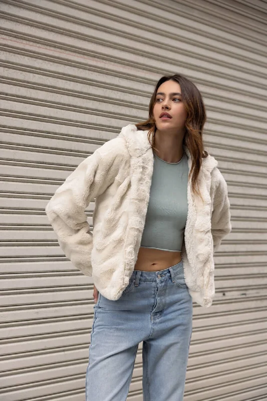 Fluffy Faux Fur Hoodie Jacket - Cream