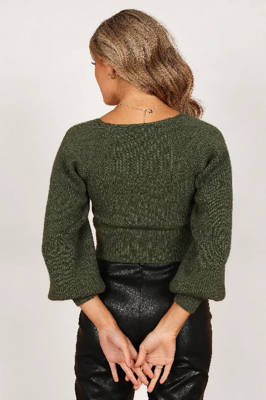 Gia Sweetheart Neck Bell Sleeve Knit Sweater - Olive