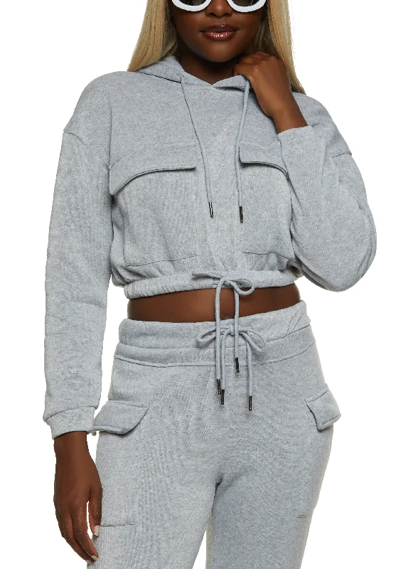 Cargo Pocket Cropped Drawstring Waist Hoodie