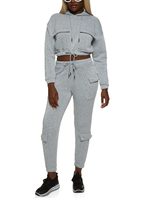 Cargo Pocket Cropped Drawstring Waist Hoodie