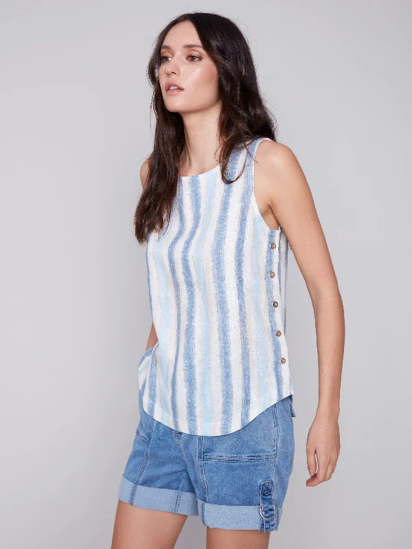 Printed Linen Top with Side Buttons - Nautical