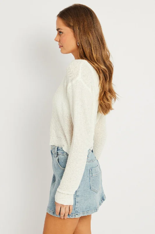 White Knit Jumper Long Sleeve Crew Neck