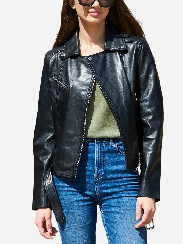 Amelia Black Sheepskin Motorcycle Leather Jacket