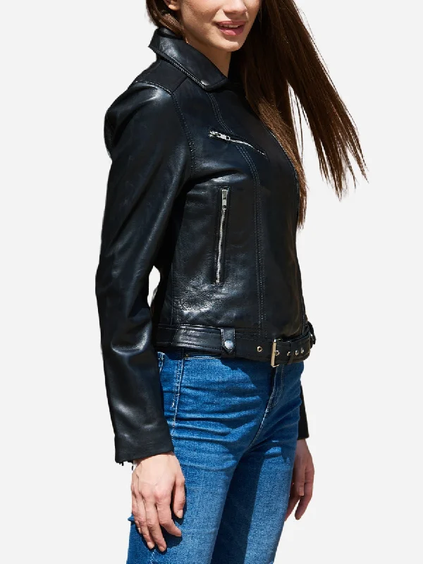 Amelia Black Sheepskin Motorcycle Leather Jacket