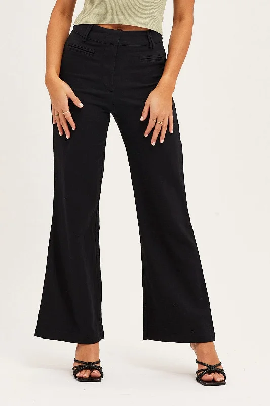 Black High Rise Linen Blend Wide Leg Pants