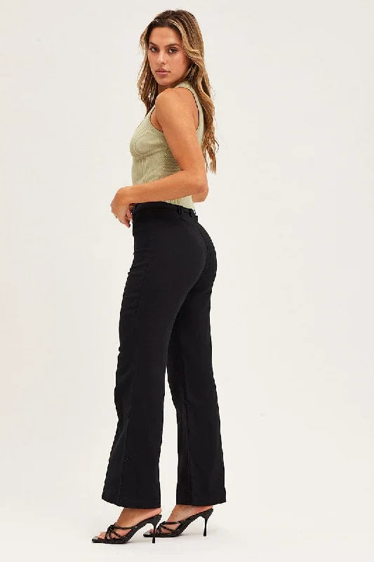 Black High Rise Linen Blend Wide Leg Pants