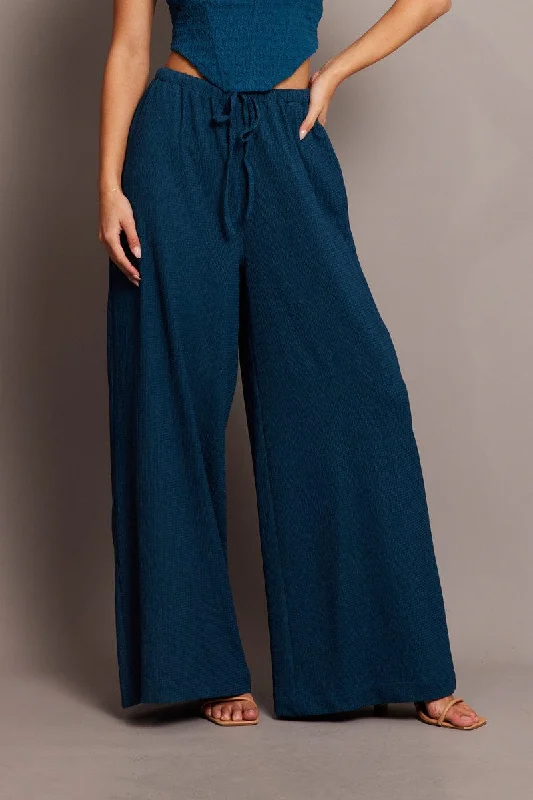 Blue Wide Leg Pants High Rise Textured Fabric