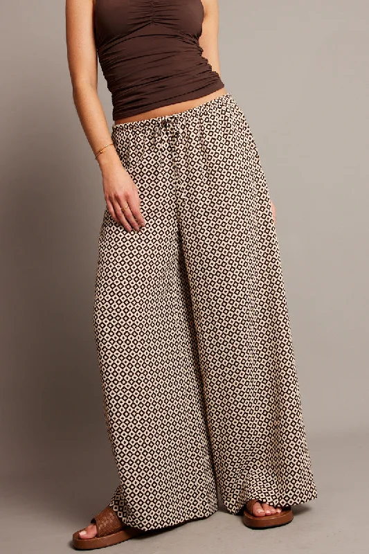 Brown Geo Wide Leg Pants High Rise