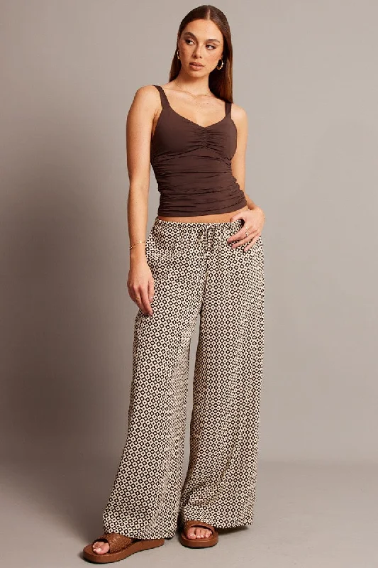 Brown Geo Wide Leg Pants High Rise