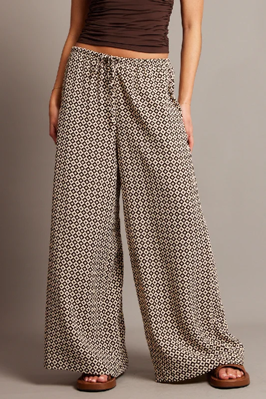 Brown Geo Wide Leg Pants High Rise