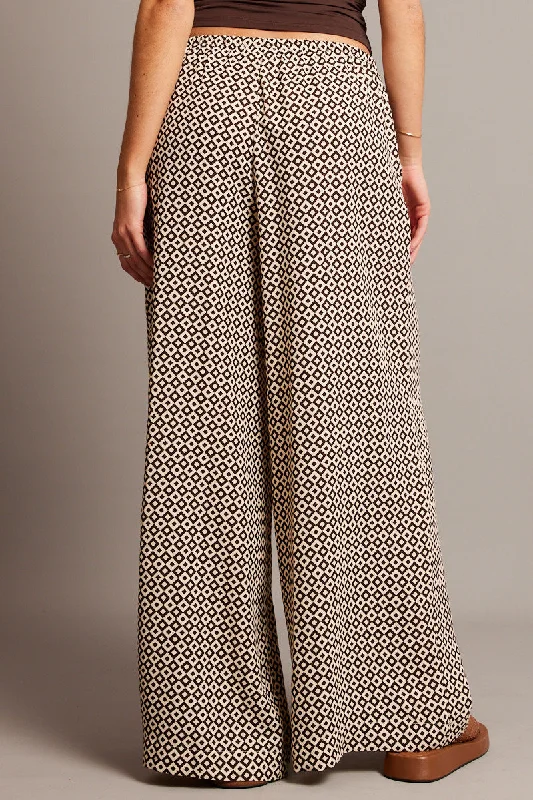 Brown Geo Wide Leg Pants High Rise