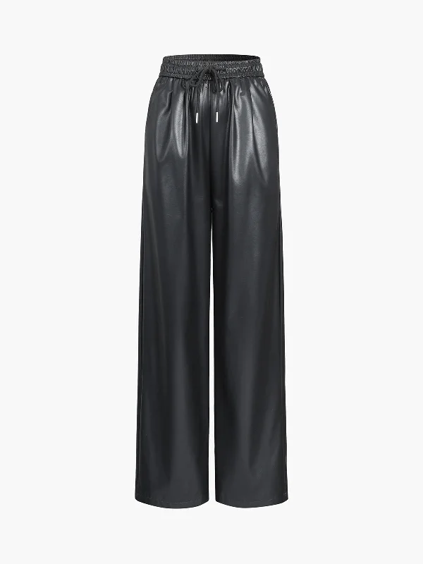 BerryBetty - Drawstring Faux Leather Straight Leg Pants