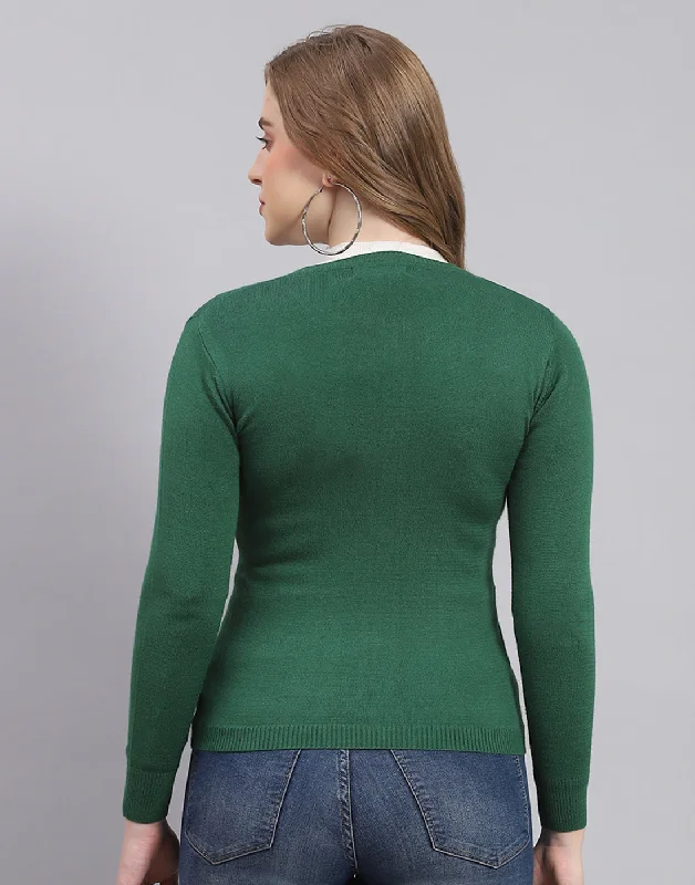 Women Green Solid Round Neck Full Sleeve Sweater