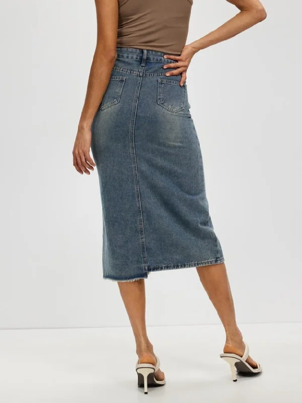 Women's Casual Denim Skirt High Waist Split Front Long Jean Skirts by Kaja Clothing-Nadine Skirt