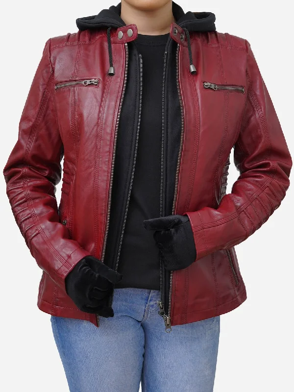 Women's Red Real Lambskin Hooded Leather Jacket