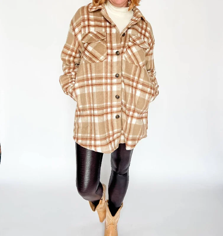 Authentically Me Plaid Shacket In Camel