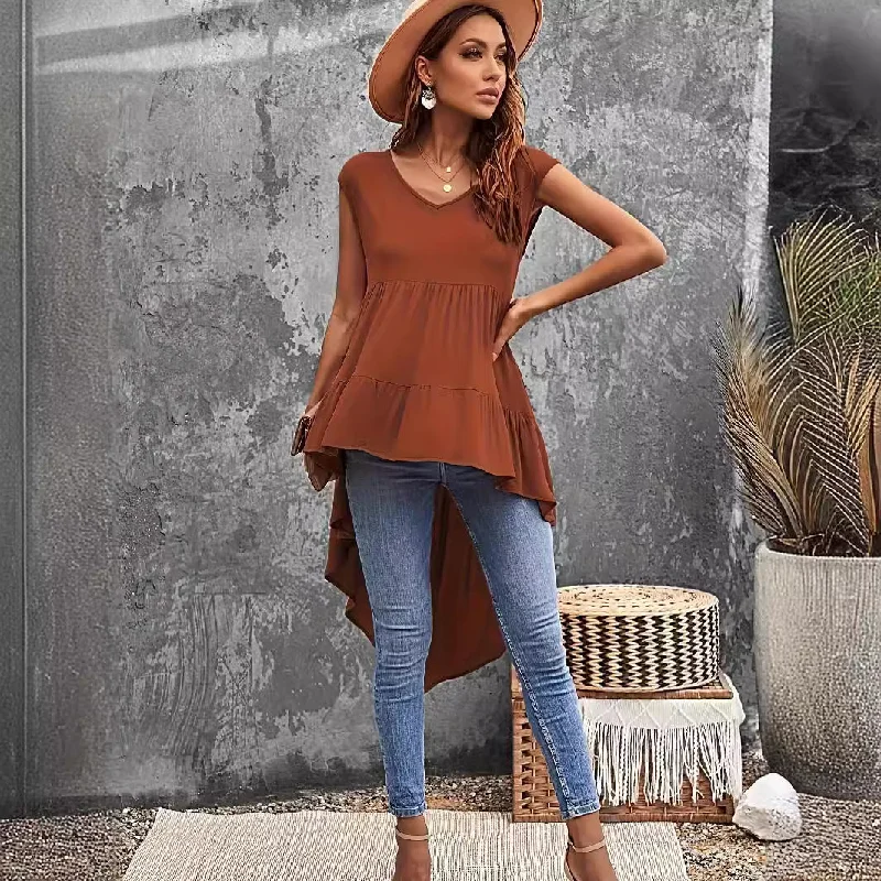 Brown V-neck Irregular Top Plus Size Women's Clothing