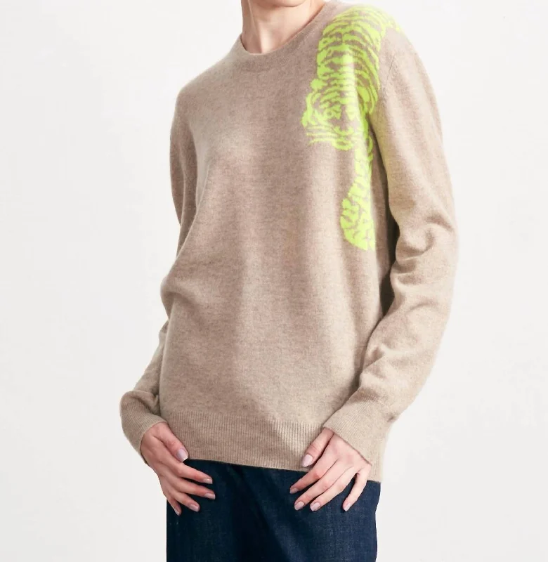 Creeping Tiger Crew Sweater In Light Brown/neon Yellow