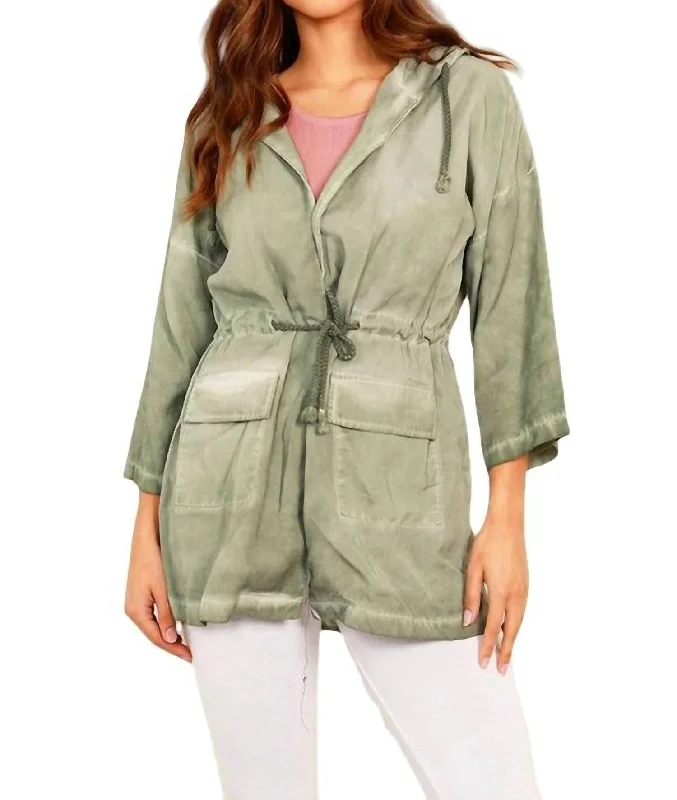 Jennifer Hooded Long Trench Coat In Olive