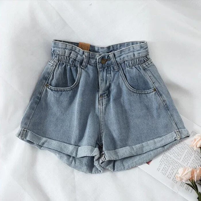 KittenAlarm - New Summer High Waist Denim Shorts Women Casual Loose Ladies Fashion Plus Size Elastic Waist Wide Leg Short Jeans Female