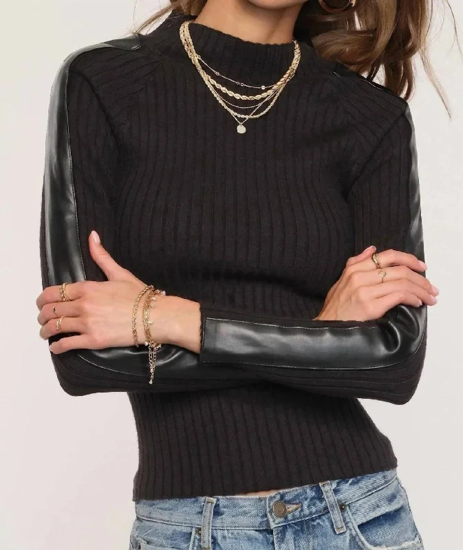 Leather Sleeve Ribbed Sweater In Black