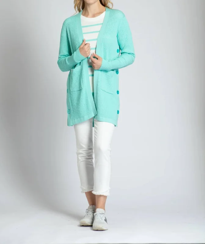 Open Knit Side Button Cardigan In Aqua