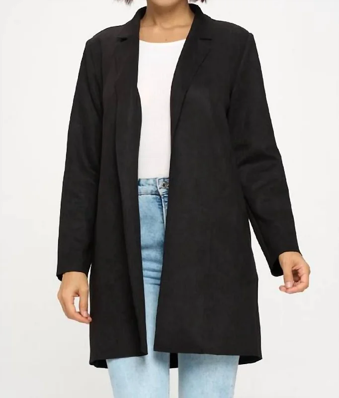 Stretch Suede Cardigan Coat In Black