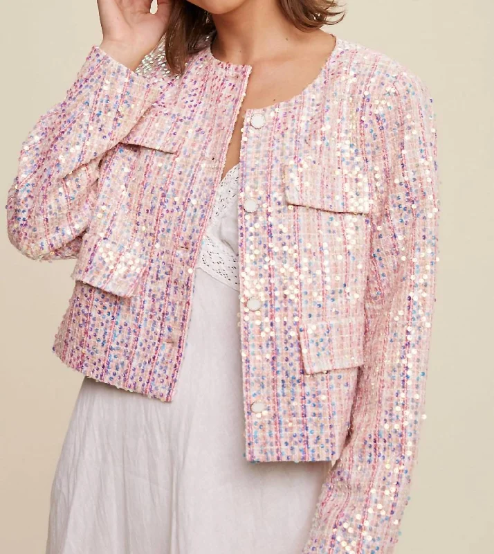 Tweed Button Down Jacket In Pink