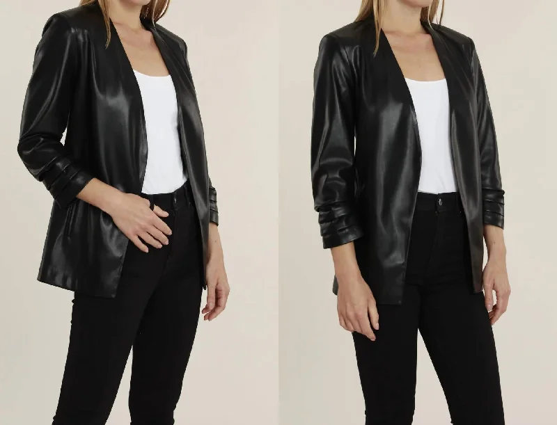 Vegan Ruched Sleeve Blazer In Black