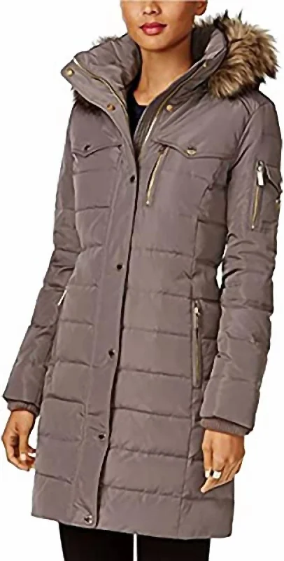 Women's Flannel Down 3/4 Puffer Coat With Faux Fur And Hood In Gray