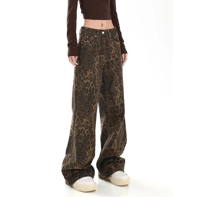 Women's jeans American Retro High Street Leopard Print Loose Wide Leg Pants TIKTOK Y2k Hip-hop Cargo Grunge Girls Baggy Trousers