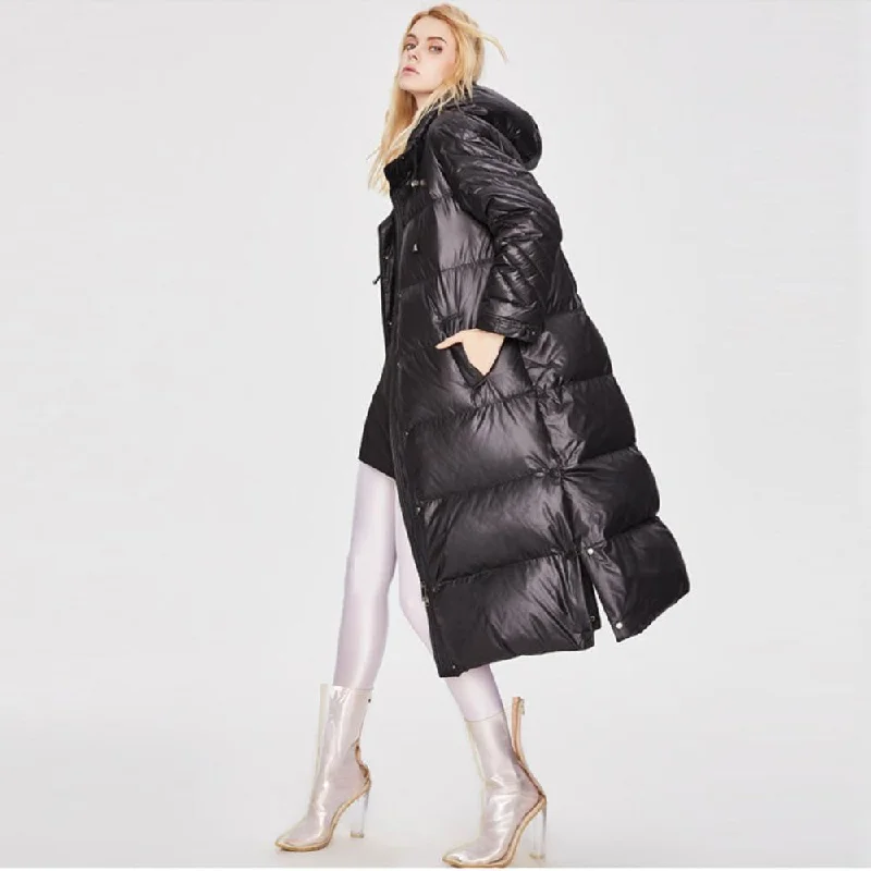 Women's Metallic Thicker Longer Down Jacket Black