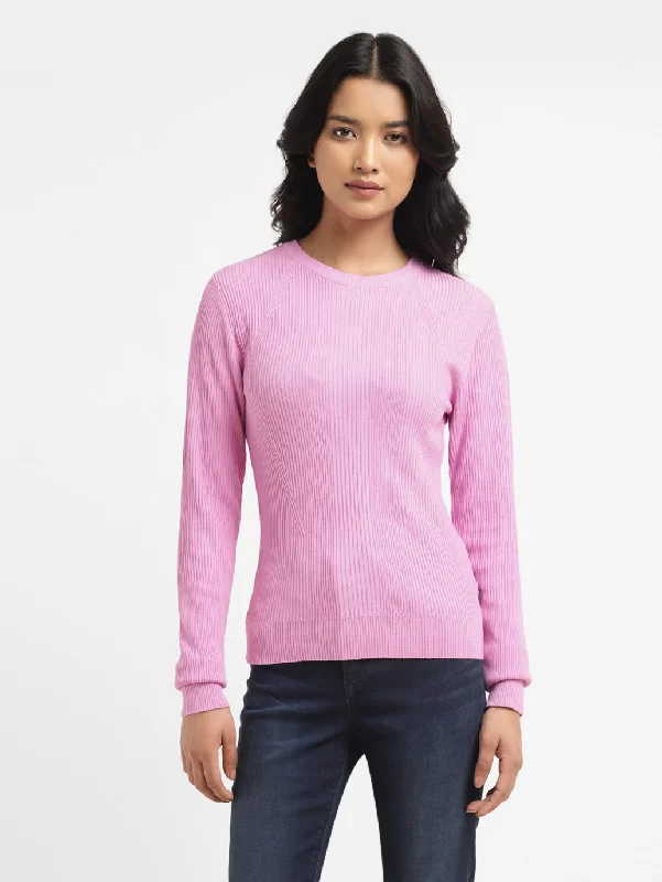 Women's Self Design Pink Crew Neck Sweater