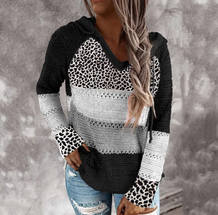 Women's Striped Loose V-neck Hooded Long-sleeve Sweater