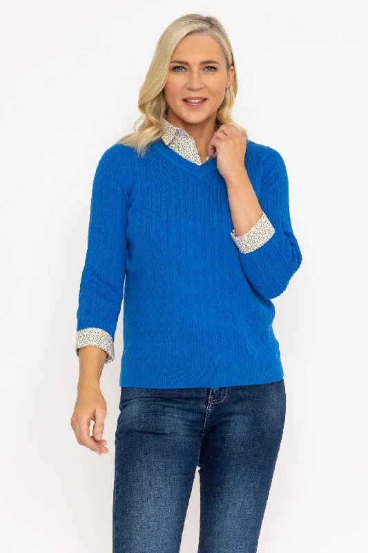 Blue Cable Knit Sweater With Shirt Collar