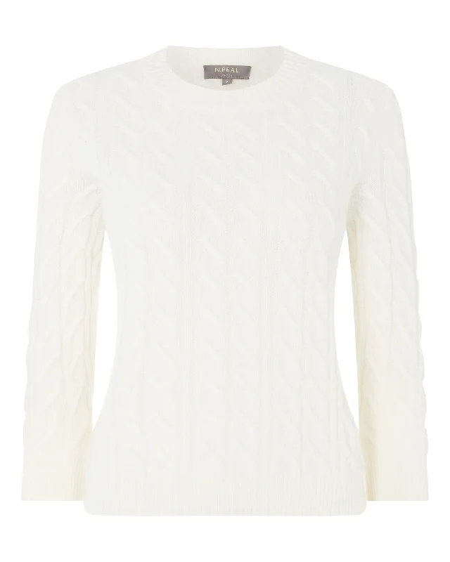 Women's Emilia Cable Round Neck Cashmere Sweater New Ivory White