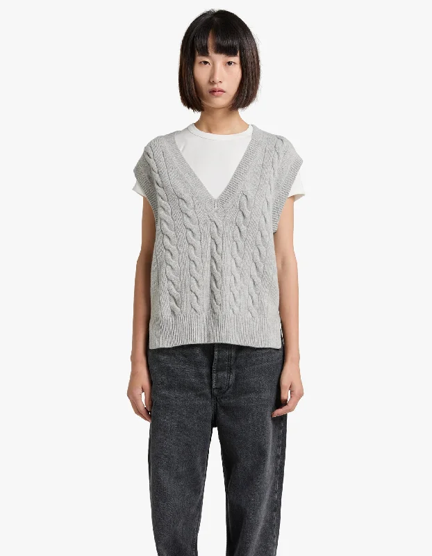 Cable V-Neck Sleeveless Vest - Soft Grey Melange